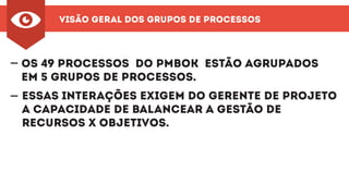Visão Geral dos Grupos de Processos
Os 49 processos do PMBOK estão agrupados
em 5 grupos de Processos.
Essas interações exigem do gerente de projeto
a capacidade de balancear a gestão de
recursos x objetivos.
-
-
 