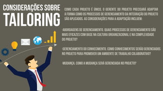 CONSIDERAÇÕES SOBRE
TAILORING
Como cada projeto é único, o gerente do projeto precisará adaptar
a forma como os processos de Gerenciamento da integração do Projeto
são aplicados. As considerações para a adaptação incluem:
·Abordagens de gerenciamento. Quais processos de gerenciamento são
mais eficazes com base na cultura organizacional e na complexidade
do projeto?
·Gerenciamento do conhecimento. Como conhecimentos serão gerenciados
no projeto para promover um ambiente de trabalho colaborativo?
·Mudança. Como a mudança será gerenciada no projeto?
 