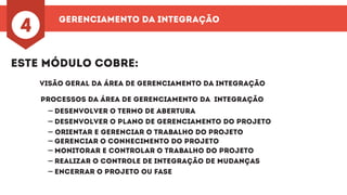 gerenciamento da integração
4
Este Módulo Cobre:
Visão geral da área de gerenciamento da integração
Processos da área de gerenciamento da integração
-
-
-
-
-
-
Desenvolver o termo de abertura
Desenvolver o plano de gerenciamento do projeto
Orientar e gerenciar o trabalho do projeto
Monitorar e controlar o trabalho do projeto
- Gerenciar o Conhecimento do Projeto
Realizar o controle de integração de mudanças
Encerrar o projeto ou fase
 