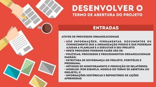 desenvolver o
termo de abertura do projeto
entradas
ativos de processos organizacionais
são informações, ferramentas, documentos ou
conhecimento que a organização possui e que poderiam
ajudar a planejar e a executar o seu projeto
neste processo podemos fazer uso de:
• Políticas, processos e procedimentos organizacionais
padrão;
• Estrutura de governança do projeto, portfólio e
programa;
• Métodos de monitoramento e produção de relatórios;
• Modelos (por exemplo, modelo do termo de abertura do
projeto); e
• Informações históricas e repositório de lições
aprendidas
 