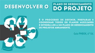 desenvolver odesenvolver o
plano de gerenciamento
do projeto
É o processo de definir, preparar e
coordenar todos os planos auxiliares
e integrá-los a um plano de gerenciamento
de projetos abrangente.
Guia PMBOK, 6ª Ed.
 
