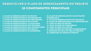 desenvolver o plano de gerenciamento do projetodesenvolver o plano de gerenciamento do projeto
18 componentes principais
1. Plano de gerenciamento do escopo
2. Plano de gerenciamento dos requisitos
3. Plano de gerenciamento do Cronograma
4. Plano de gerenciamento dos custos
5. Plano de gerenciamento da qualidade
6. Plano de Gerenciamento dos recursos
7. Plano de Gerenciamento das Comunicações
8. Plano de gerenciamento dos riscos
9. Plano de Gerenciamento de Aquisições
10. Plano de gerenciamento das de partes
interessadas
11. plano de gerenciamento de mudanças
12. plano de gerenciamento de configuração
13. Linha de base do escopo
14. Linha de base do cronograma
15. Linha de base dos custos
16. linha de base de medição de desempenho
17. descrito de ciclo de vida do projeto
18. abordagem de desenvolvimento
 