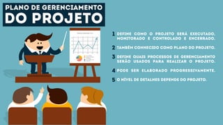 plano de gerenciamento
do projeto
Define como o projeto será executado,
monitorado e controlado e encerrado.
Também conhecido como plano do projeto.
Define quais processos de gerenciamento
serão usados para realizar o projeto.
Pode ser elaborado progressivamente.
O nível de detalhes depende do projeto.
1
2
3
4
5
 