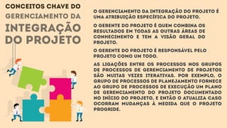 gerenciamento da
integração
do projeto
O Gerenciamento da Integração do Projeto é
uma atribuição específica do projeto.
CONCEITOS CHAVE DO
O gerente do projeto é quem combina os
resultados em todas as outras Áreas de
Conhecimento e tem a visão geral do
projeto.
O gerente do projeto é responsável pelo
projeto como um todo.
As ligações entre os processos nos Grupos
de Processos de Gerenciamento de Projetos
são muitas vezes iterativas. Por exemplo, o
Grupo de Processos de Planejamento fornece
ao Grupo de Processos de Execução um plano
de gerenciamento do projeto documentado
no início do projeto, e então o atualiza caso
ocorram mudanças à medida que o projeto
progride.
 
