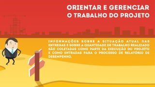 I n f o r m a ç õ e s s o b r e a s i t u a ç ã o at u a l d a s
entregas e sobre a quantidade de trabalho realizado
são coletadas como parte da execução do projeto
e como entradas para o processo de relatório de
desempenho.
Orientar e gerenciar
o trabalho do projeto
 