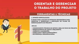 ferramentas & técnicas
1. Opinião especializada
é usada para avaliar as entradas necessárias para
orientar e gerenciar a execução do plano de
gerenciamento do projeto.
inclui:
Conhecimento técnico do setor e área de foco do projeto,
Gerenciamento de custo e orçamento,
Jurídico e aquisições,
Legislação e regulamentações e
Governança organizacional
Orientar e gerenciar
o trabalho do projeto
 