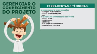 gerenciar o
conhecimento
do projeto
3. Gerenciamento de informações
serviços de biblioteca
coleta de informações
sigp
4. Habilidades interpessoais e de equipe
Escuta ativa
Facilitação
Liderança
Rede de relacionamentos
Consciência política
ferramentas & técnicas
 