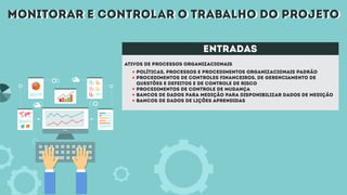 monitorar e controlar o trabalho do projetomonitorar e controlar o trabalho do projeto
entradas
Ativos de processos organizacionais
políticas, processos e procedimentos organizacionais padrão
Procedimentos de controles financeiros, de gerenciamento de
questões e defeitos e de controle de risco
Procedimentos de controle de mudança
Bancos de dados para medição para disponibilizar dados de medição
Bancos de dados de lições aprendidas
 