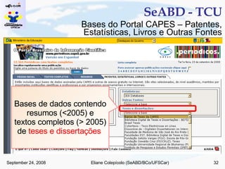 SeABD - TCU Bases de dados contendo resumos (<2005) e textos completos (> 2005) de  teses e dissertações   Bases do Portal CAPES – Patentes, Estatísticas, Livros e Outras Fontes 