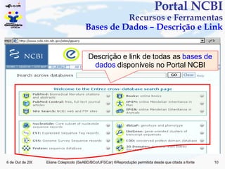Portal NCBI Recursos e Ferramentas Bases de Dados – Descrição e Link Descrição e link de todas as  bases de dados  disponíveis no Portal NCBI 