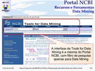 Portal NCBI  Recursos e Ferramentas Data Mining A interface de Tools for Data Mining é a mesma do Portal NCBI, com filtro de pesquisa apenas para Data Mining 