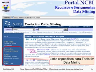 Portal NCBI  Recursos e Ferramentas Data Mining Links específicos para Tools for Data Mining 