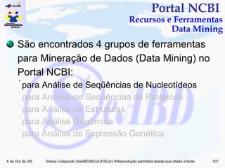 Portal NCBI  Recursos e Ferramentas Data Mining São encontrados 4 grupos de ferramentas para Mineração de Dados (Data Mining) no Portal NCBI: para Análise de Seqüências de Nucleotídeos para Análise de Seqüências de Proteínas para Análise de Estruturas para Análise Genômica  para Análise de Expressão Genética  