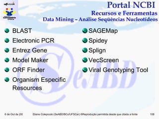 Portal NCBI  Recursos e Ferramentas Data Mining – Análise Seqüências Nucleotídeos BLAST Electronic PCR Entrez Gene Model Maker ORF Finder Organism Especific Resources SAGEMap Spidey Splign VecScreen Viral Genotyping Tool 