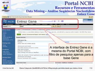 Portal NCBI  Recursos e Ferramentas Data Mining – Análise Seqüências Nucleotídeos Entrez Gene A interface de Entrez Gene é a mesma do Portal NCBI, com filtro de pesquisa apenas para a base Gene 