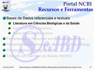 Portal NCBI  Recursos e Ferramentas Bases de Dados referenciais e textuais Literatura em Ciências Biológicas e da Saúde Bancos de Dados Genéticos Bases de Dados Moleculares Ferramentas e Recursos em Biologia Genômica  Ferramentas de Mineração de Dados (Data Mining)  Computational Biology Branch Tesauro em Ciências da Saúde (MeSH) 