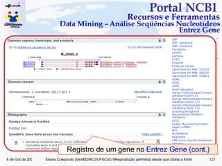 Portal NCBI  Recursos e Ferramentas Data Mining – Análise Seqüências Nucleotídeos Entrez Gene Registro de um gene no  Entrez Gene (cont.) 