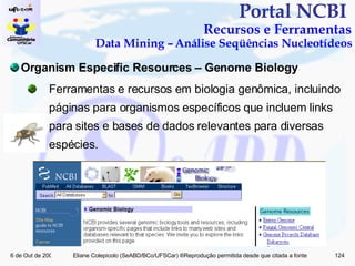 Portal NCBI  Recursos e Ferramentas Data Mining – Análise Seqüências Nucleotídeos Organism Especific Resources – Genome Biology Ferramentas e recursos em biologia genômica, incluindo páginas para organismos específicos que incluem links para sites e bases de dados relevantes para diversas espécies. 