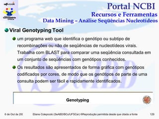 Portal NCBI  Recursos e Ferramentas Data Mining – Análise Seqüências Nucleotídeos Viral Genotyping Tool um programa web que identifica o genótipo ou subtipo de recombinações ou não de seqüências de nucleotídeos virais. Trabalha com BLAST para comparar uma seqüência consultada em um conjunto de seqüências com genótipos conhecidos. Os resultados são apresentados de forma gráfica com genótipos codificados por cores, de modo que os genótipos de parte de uma consulta podem ser fácil e rapidamente identificados. 