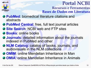 Portal NCBI Recursos e Ferramentas Bases de Dados em Literatura PubMed : biomedical literature citations and abstracts PubMed  Central : free, full text journal articles Site  Search : NCBI web and FTP sites Books : online books Journals : detailed information about the journals indexed in PubMed and other  NLM  Catalog : catalog of books, journals, and audiovisuals in the NLM collections OMIM : online Mendelian Inheritance in Man OMIA : online Mendelian Inheritance in Animals 