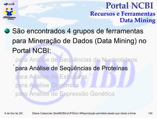 Portal NCBI  Recursos e Ferramentas Data Mining São encontrados 4 grupos de ferramentas para Mineração de Dados (Data Mining) no Portal NCBI: para Análise de Seqüências de Nucleotídeos para Análise de Seqüências de Proteínas para Análise de Estruturas para Análise Genômica  para Análise de Expressão Genética  