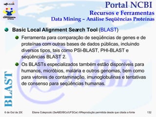 Portal NCBI  Recursos e Ferramentas Data Mining – Análise Seqüências Proteínas Basic Local Alignment Search Tool  ( BLAST ) Ferramenta para comparação de seqüências de genes e de proteínas com outras bases de dados públicas, incluindo diversos tipos, tais como PSI-BLAST, PHI-BLAST e seqüências BLAST 2. Os BLASTs especializados também estão disponíveis para humanos, micróbios, malária e outros genomas, bem como para vetores de contaminação, imunoglobulinas e tentativas de consenso para seqüências humanas. 