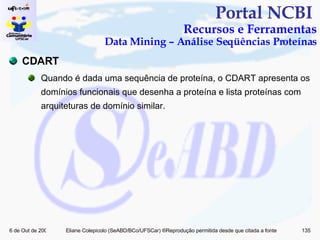 Portal NCBI  Recursos e Ferramentas Data Mining – Análise Seqüências Proteínas CDART Quando é dada uma sequência de proteína, o CDART apresenta os domínios funcionais que desenha a proteína e lista proteínas com arquiteturas de domínio similar.  