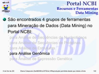 Portal NCBI  Recursos e Ferramentas Data Mining São encontrados 4 grupos de ferramentas para Mineração de Dados (Data Mining) no Portal NCBI: para Análise de Seqüências de Nucleotídeos para Análise de Seqüências de Proteínas para Análise de Estruturas para Análise Genômica  para Análise de Expressão Genética  