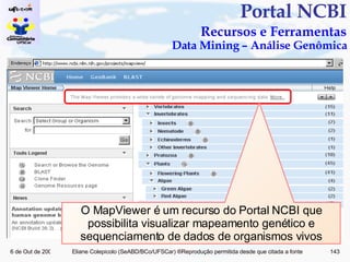 Portal NCBI   Recursos e Ferramentas Data Mining – Análise Genômica O MapViewer é um recurso do Portal NCBI que possibilita visualizar mapeamento genético e sequenciamento de dados de organismos vivos 