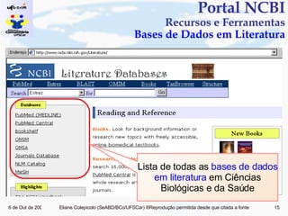 Portal NCBI Recursos e Ferramentas Bases de Dados em Literatura Lista de todas as  bases de dados em literatura  em Ciências Biológicas e da Saúde 