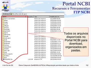 Portal NCBI Recursos e Ferramentas FTP NCBI Todos os arquivos disponíveis no Portal NCBI para download, organizados em pastas. 