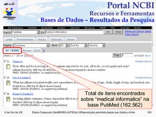 Portal NCBI Recursos e Ferramentas Bases de Dados – Resultados da Pesquisa Total de itens encontrados sobre “medical informatics” na base PubMed (162.562) 