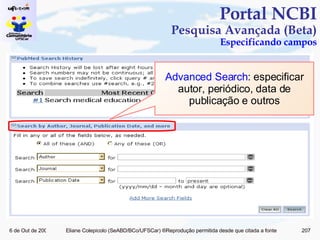 Portal NCBI Pesquisa Avançada (Beta) Especificando campos Advanced Search : especificar autor, periódico, data de publicação e outros 