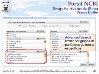 Portal NCBI Pesquisa Avançada (Beta) Usando Limites Advanced Search : limitar por grupos de periódicos ou temas específicos 