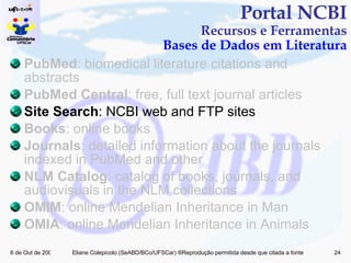PubMed : biomedical literature citations and abstracts PubMed Central : free, full text journal articles Site Search : NCBI web and FTP sites Books : online books Journals : detailed information about the journals indexed in PubMed and other  NLM Catalog : catalog of books, journals, and audiovisuals in the NLM collections OMIM : online Mendelian Inheritance in Man OMIA : online Mendelian Inheritance in Animals Portal NCBI Recursos e Ferramentas Bases de Dados em Literatura 