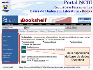 Portal NCBI Recursos e Ferramentas Bases de Dados em Literatura -  Books Links específicos da base de dados Bookshelf 
