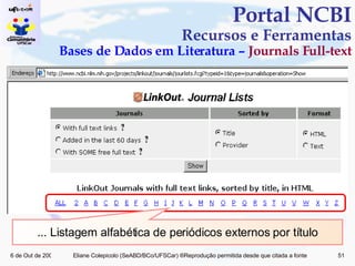 Portal NCBI Recursos e Ferramentas Bases de Dados em Literatura –  Journals Full-text ... Listagem alfabética de periódicos externos por título 