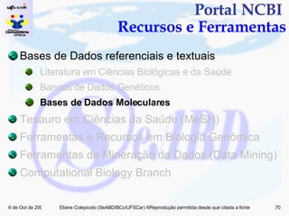 Bases de Dados referenciais e textuais Literatura em Ciências Biológicas e da Saúde Bancos de Dados Genéticos Bases de Dados Moleculares Tesauro em Ciências da Saúde (MeSH) Ferramentas e Recursos em Biologia Genômica  Ferramentas de Mineração de Dados (Data Mining)  Computational Biology Branch Portal NCBI  Recursos e Ferramentas 