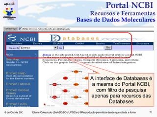 Portal NCBI  Recursos e Ferramentas   Bases de Dados Moleculares A interface de Databases é a mesma do Portal NCBI, com filtro de pesquisa apenas para recursos das Databases 