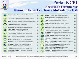 Portal NCBI  Recursos e Ferramentas  Bancos de Dados Genéticos e Moleculares - Lista 
