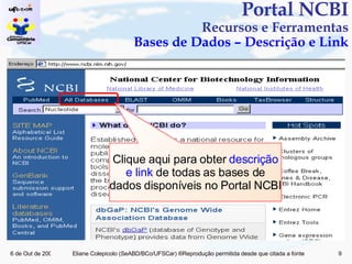 Portal NCBI Recursos e Ferramentas Bases de Dados – Descrição e Link Clique aqui para obter  descrição e link  de todas as bases de dados disponíveis no Portal NCBI 