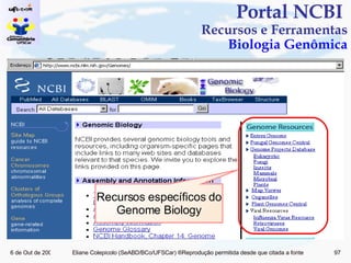 Portal NCBI  Recursos e Ferramentas Biologia Genômica Recursos específicos do Genome Biology 