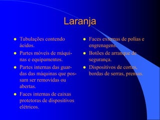 Laranja
 Tubulações contendo
ácidos.
 Partes móveis de máqui-
nas e equipamentos.
 Partes internas das guar-
das das máquinas que pos-
sam ser removidas ou
abertas.
 Faces internas de caixas
protetoras de dispositivos
elétricos.
 Faces externas de polias e
engrenagens.
 Botões de arranque de
segurança.
 Dispositivos de cortes,
bordas de serras, prensas.
 
