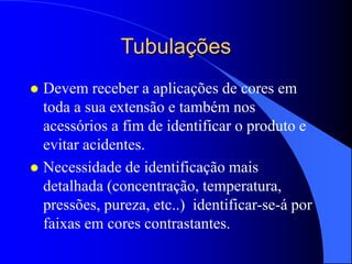 Tubulações
 Devem receber a aplicações de cores em
toda a sua extensão e também nos
acessórios a fim de identificar o produto e
evitar acidentes.
 Necessidade de identificação mais
detalhada (concentração, temperatura,
pressões, pureza, etc..) identificar-se-á por
faixas em cores contrastantes.
 