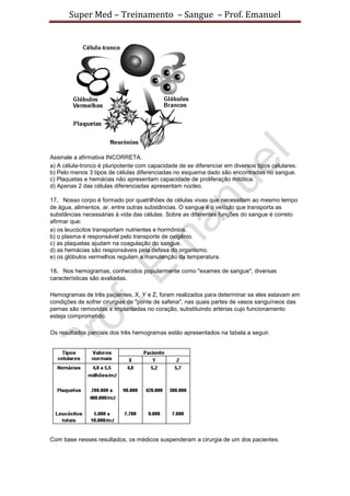 Super Med – Treinamento – Sangue – Prof. Emanuel




Assinale a afirmativa INCORRETA.
a) A célula-tronco é pluripotente com capacidade de se diferenciar em diversos tipos celulares.
b) Pelo menos 3 tipos de células diferenciadas no esquema dado são encontradas no sangue.
c) Plaquetas e hemácias não apresentam capacidade de proliferação mitótica.
d) Apenas 2 das células diferenciadas apresentam núcleo.

17. Nosso corpo é formado por quatrilhões de células vivas que necessitam ao mesmo tempo
de água, alimentos, ar, entre outras substâncias. O sangue é o veículo que transporta as
substâncias necessárias à vida das células. Sobre as diferentes funções do sangue é correto
afirmar que:
a) os leucócitos transportam nutrientes e hormônios.
b) o plasma é responsável pelo transporte de oxigênio.
c) as plaquetas ajudam na coagulação do sangue.
d) as hemácias são responsáveis pela defesa do organismo.
e) os glóbulos vermelhos regulam a manutenção da temperatura.

18. Nos hemogramas, conhecidos popularmente como "exames de sangue", diversas
características são avaliadas.

Hemogramas de três pacientes, X, Y e Z, foram realizados para determinar se eles estavam em
condições de sofrer cirurgias de "ponte de safena", nas quais partes de vasos sanguíneos das
pernas são removidas e implantadas no coração, substituindo artérias cujo funcionamento
esteja comprometido.

Os resultados parciais dos três hemogramas estão apresentados na tabela a seguir.




Com base nesses resultados, os médicos suspenderam a cirurgia de um dos pacientes.
 