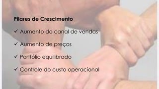 Pilares de Crescimento
 Aumento do canal de vendas
 Aumento de preços
 Portfólio equilibrado
 Controle do custo operacional
 