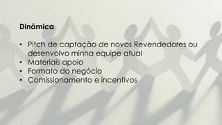 Dinâmica
• Pitch de captação de novos Revendedores ou
desenvolvo minha equipe atual
• Materiais apoio
• Formato do negócio
• Comissionamento e incentivos
 