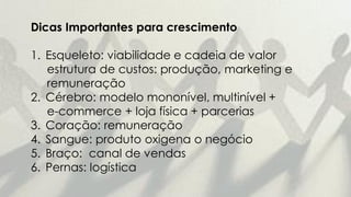Dicas Importantes para crescimento
1. Esqueleto: viabilidade e cadeia de valor
estrutura de custos: produção, marketing e
remuneração
2. Cérebro: modelo mononível, multinível +
e-commerce + loja física + parcerias
3. Coração: remuneração
4. Sangue: produto oxigena o negócio
5. Braço: canal de vendas
6. Pernas: logística
 