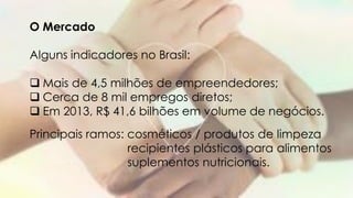 O Mercado
Alguns indicadores no Brasil:
 Mais de 4,5 milhões de empreendedores;
 Cerca de 8 mil empregos diretos;
 Em 2013, R$ 41,6 bilhões em volume de negócios.
Principais ramos: cosméticos / produtos de limpeza
recipientes plásticos para alimentos
suplementos nutricionais.
 