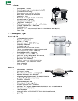 Performer

      •     Churrasqueira a carvão
      •     bowl e tampa em aço esmaltado (porcelanizado)
      •     Suporte lateral para tampa
      •     Sistema de limpeza one Touch em inox
      •     Mesa lateral de plástico ultra- resistente
      •     Pegador em nylon
      •     Recipiente de extração de cinza em alumínio
      •     Admissão de ar em alumínio
      •     Acompanha manual de receitas
      •     Termômetro dupla função
      •     Rodinhas c/ sistema de travamento e resistentes ao tempo
      •     Suportes (ganchos) para 3 acessórios
      •     Prateleira inferior
      •     Dimensão: ALT 1,10m(com tampa) LARG 1,20m DIAMETRO 57CM (bowl)
      •     Peso 45 kg

3.2 Churrasqueira a gás

Genesis S-320
      •     3 Queimadores em Aço Inox
      •     Feita em Aço Inoxidável
      •     42,000 BTU/ Hora
      •     Queimador lateral - 12,000 BTU/ Hora
      •     Acendedor Automático
      •     Grelhas em Aço Inox
      •     Barras saborizantes em V em Aço Inox
      •     Tampa com molde de alumínio e termometro central
      •     Área de Cozimento primário =3,677cm2
      •     Área de aquecimento = 0,838 cm2
      •     Área total de cozimento = 4,109 cm2
      •     Carro com portas e pegadores de aço pintadas
      •     2 mesas de trabalho em Aço-Inox
      •     6 suportes para acessorios
      •     Rodas c/ travamento, resistentes ao tempo
      •     Churrasqueira à gás - botijão não incluso
      •     Inclui mangueira
      •     1 ano de garantia

Weber Q
      •     Churrasqueira a gás portátil
      •     Compacta e robusta
      •     Bowl e tampa em alumínio fundido e pintado
      •     Estrutura em plástico ultra- resistente
      •     2 bandejas laterais escamotiáveis de plástico resistente
      •     grelha em ferro fundido porcelanizada
      •     acendedor automático
      •     queimadores em aço inox
      •     bandeja para retenção de gordura
      •     suportes (ganchos) para 4 acessórios
      •     Mangueira para saída de gás e regulador já adaptados para normas brasileiras
      •     Acompanha manual e receitas
      •     1ano de garantia
      •     dimensão: ALT39 LARG.80CM PROF 45CM (Com tampa fechada)
      •     peso 19kg




                                                4
 